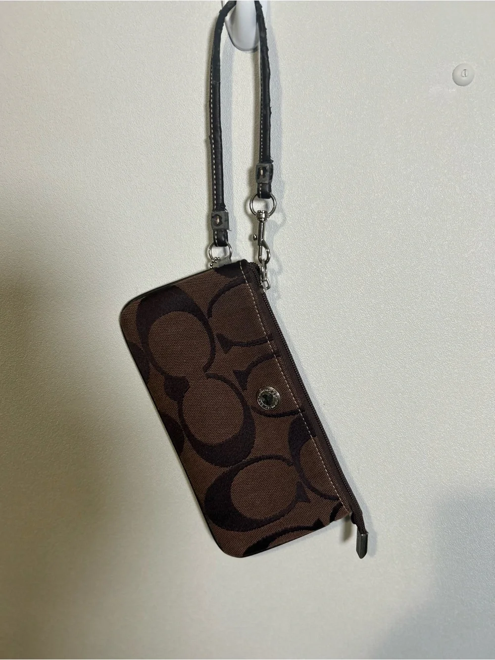 Coach Brown Signature Jacquard Wristlet with Logo Snap